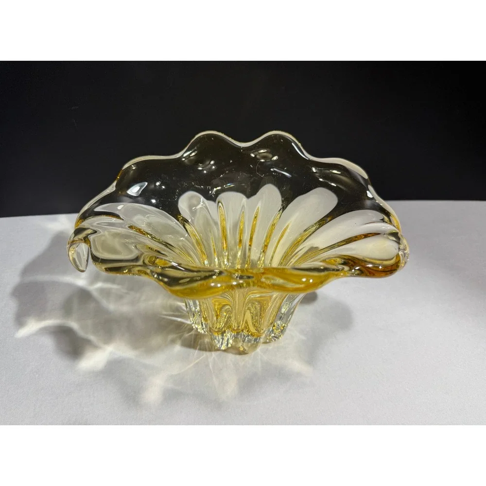 Vintage Murano Style Amber Yellow Sommerso Art Glass Flared Ribbed Vase